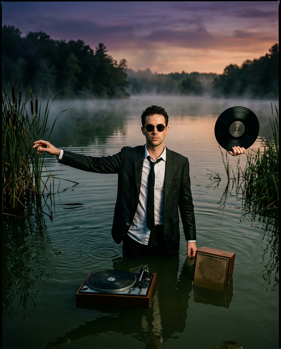 Corn Pop, deadpan in round sunglasses and a loosened tie, stands waist-deep in a lake at dusk holding up a vinyl record, a turntable and speaker floating in front of him